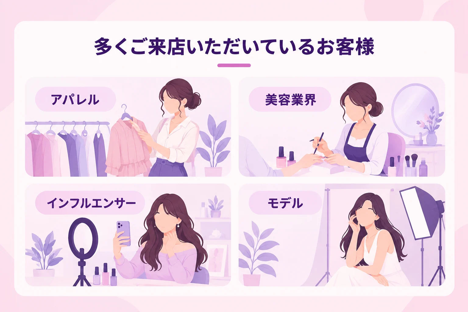 多くご来店いただいているお客様 アパレル・美容業界・インフルエンサー・モデル