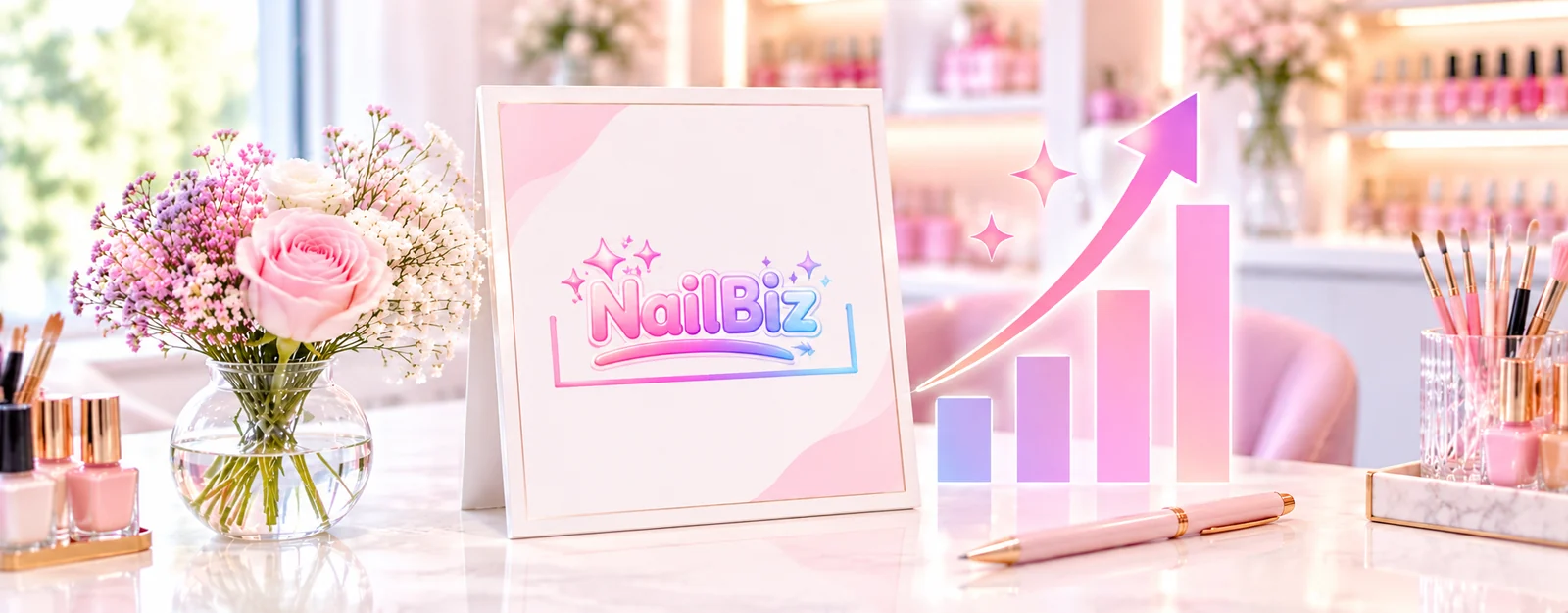 NailBizのロゴのボードと、伸びていく棒グラフ