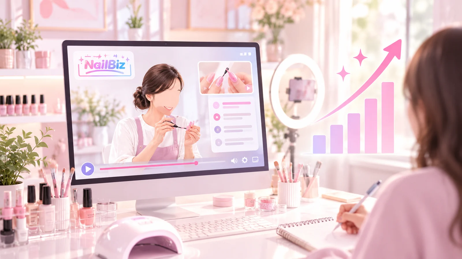 NailBizの動画講座を見ながらノートを取る様子