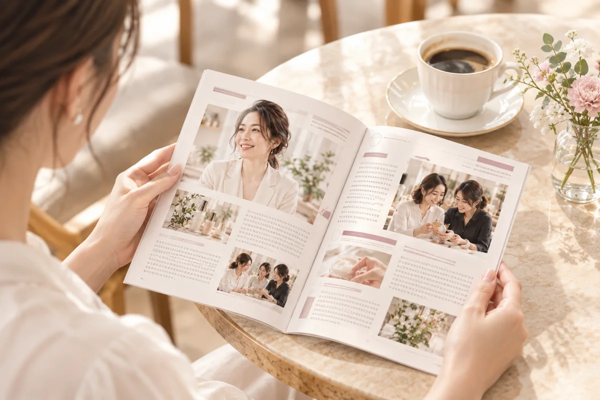 ミニ雑誌を開いて読んでいる手元