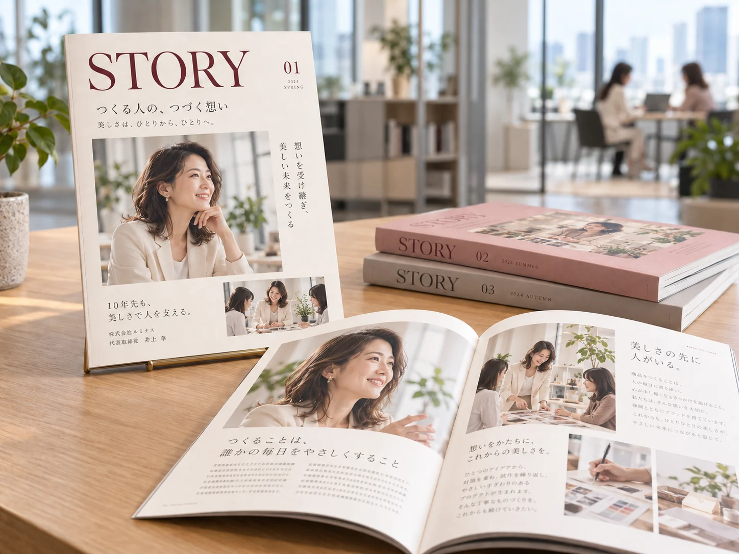 机に並んだオリジナルミニ雑誌の創刊号と見開き
