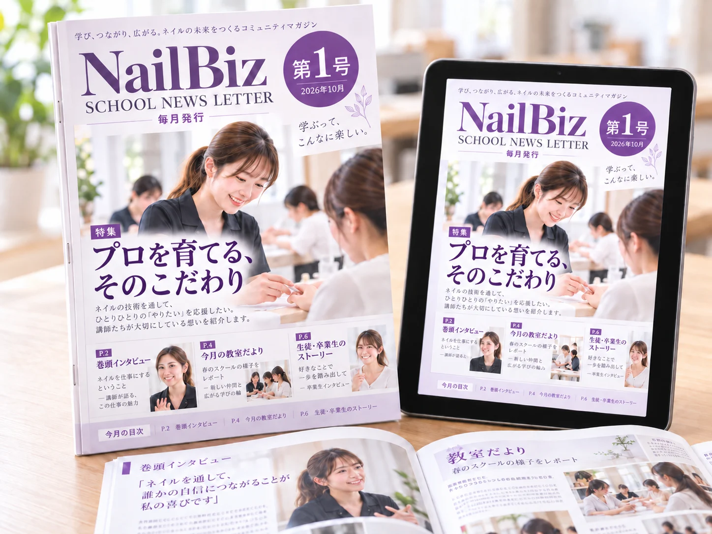 NailBiz SCHOOL NEWS LETTER の冊子とタブレット